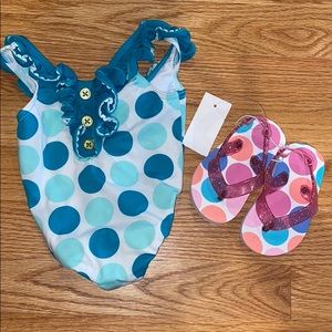 Juicy Couture bathing suit and flip flops